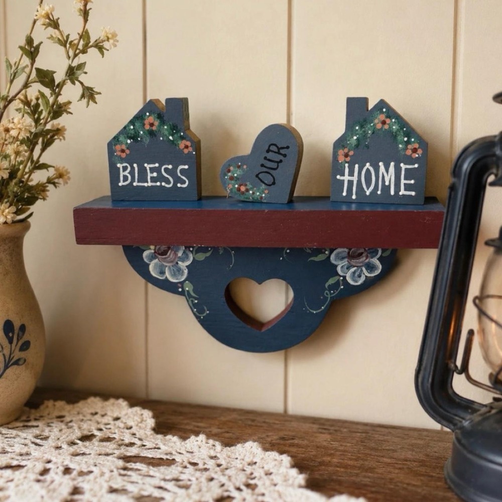 Vintage hand painted Bless Our Home Shelf with Heart Cutout and Wooden Signs